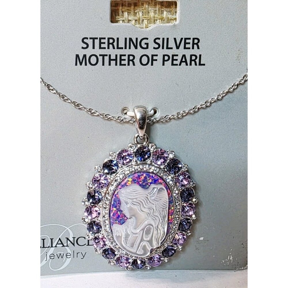 Sterling Silver Amethyst Opal Mother Of Pearl Angel Pendant Necklace Oval Purple